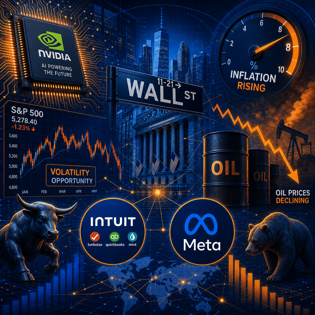 Alt-text (SEO optimized): Modern abstract illustration depicting the interconnectedness of Wall Street, featuring stylized Nvidia AI chips, volatile stock market charts, a digital inflation gauge trending upward, oil barrels with a downward price arrow, and icons for Intuit and Meta. The artwork uses a sophisticated color palette of vibrant orange (#FF9811), dark blue (#000D43), and midnight blue (#021B88), symbolizing tension and opportunity in today's financial markets. Sized 1200x628 pixels, ideal for a Wordpress finance blog post.