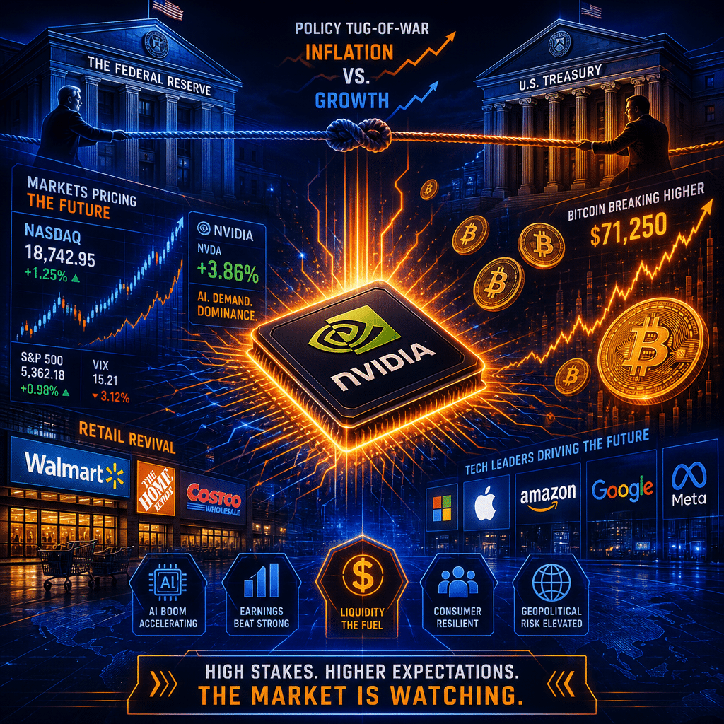 **SEO-friendly Alt Text:** Futuristic financial landscape with glowing Nvidia GPU chip at the center radiating energy, surrounded by dynamic digital stock market charts, rising Bitcoin symbols, and retail store and tech company icons; stylized Federal Reserve and Treasury buildings in the background, all in a sleek palette of orange (#FF9811), dark blue (#000D43), and midnight blue (#021B88), conveying high-stakes market anticipation and policy tension.