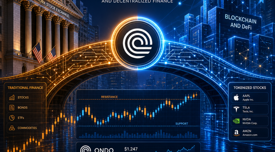 **SEO Alt Text:** Digital illustration sized 1200 x 628 pixels featuring Ondo Finance’s logo and brand colors (#FF9811, #000D43, #021B88), depicting a high-tech digital bridge made of circuitry connecting a traditional stock market building to a futuristic blockchain structure. The scene highlights flowing graphs, candlestick charts, tokenized stocks, and trading patterns with support and resistance levels, enhanced with upward arrows and interconnected nodes. Visually represents the integration of traditional finance and blockchain innovation, demonstrating Ondo Finance’s role in bridging finance and DeFi with a clean, modern, and professional style.