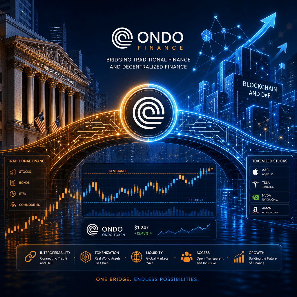 **SEO Alt Text:** Digital illustration sized 1200 x 628 pixels featuring Ondo Finance’s logo and brand colors (#FF9811, #000D43, #021B88), depicting a high-tech digital bridge made of circuitry connecting a traditional stock market building to a futuristic blockchain structure. The scene highlights flowing graphs, candlestick charts, tokenized stocks, and trading patterns with support and resistance levels, enhanced with upward arrows and interconnected nodes. Visually represents the integration of traditional finance and blockchain innovation, demonstrating Ondo Finance’s role in bridging finance and DeFi with a clean, modern, and professional style.