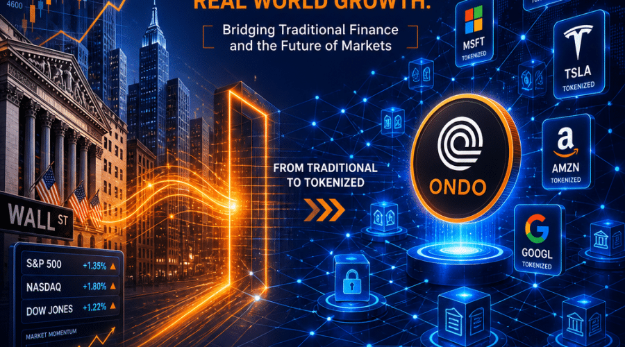 **SEO Alt-Text:** Modern dynamic illustration showing tokenized assets and equity markets, featuring Ondo Finance branding. Stylized blockchain network visually links traditional stock market icons—like candlestick charts, Wall Street buildings, and financial graphs—with digital tokens including the ONDO token. The artwork uses bold orange (#FF9811), dark blue (#000D43), and midnight blue (#021B88), blending classic finance elements with futuristic digital motifs to depict the integration and upward momentum of Ondo Finance in tokenized stocks, emphasizing innovation, growth, and interconnected financial ecosystems.