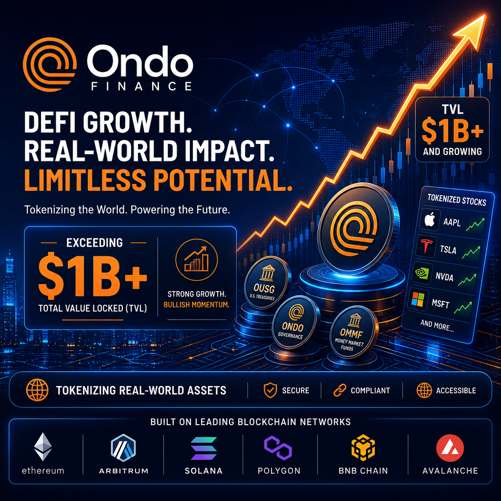 **SEO-Optimized Alt-Text:** Modern blog header image for Ondo Finance showcasing DeFi success with bold upward-trending charts, digital token icons, and symbols of bullish momentum and tokenized real-world asset growth; image highlights surpassing $1B TVL, features blockchain network motifs, tokenized stocks, and Ondo Finance logo in brand colors (Orange, Dark Blue, Midnight Blue), all rendered in a crisp, professional fintech style.