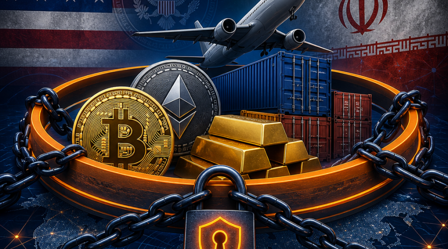 **SEO-Friendly Alt-Text:** Modern blog header image for "Operation Economic Outcast: US Expands Sanctions Against Iran to Digital Assets" featuring stylized cryptocurrency icons (Bitcoin, Ethereum), gold bars, shipping containers, and airplanes visually encircled by bold orange and dark blue rings and chains in brand colors. Dynamic, high-contrast graphic design depicts the clash between traditional finance and digital assets, with prominent US symbols and subtle Iranian flag motifs in the background, suggesting international economic isolation and enforcement of sanctions. Clean, tech-forward composition without text overlays, merging global finance visuals with restrictive elements.
