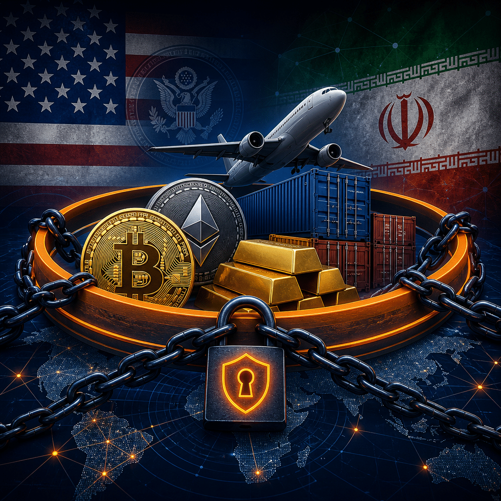 **SEO-Friendly Alt-Text:** Modern blog header image for "Operation Economic Outcast: US Expands Sanctions Against Iran to Digital Assets" featuring stylized cryptocurrency icons (Bitcoin, Ethereum), gold bars, shipping containers, and airplanes visually encircled by bold orange and dark blue rings and chains in brand colors. Dynamic, high-contrast graphic design depicts the clash between traditional finance and digital assets, with prominent US symbols and subtle Iranian flag motifs in the background, suggesting international economic isolation and enforcement of sanctions. Clean, tech-forward composition without text overlays, merging global finance visuals with restrictive elements.
