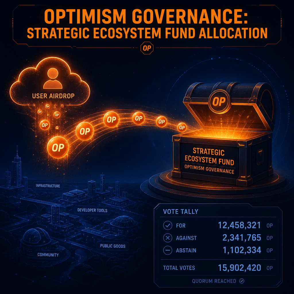 "Orange glowing spheres symbolizing OP tokens flowing from a user airdrop towards a 'Strategic Ecosystem Fund' chest, against a dark blue background representing 'Optimism Governance'. A tally board in the bottom right corner displays the vote count, while the article's title is prominently highlighted with the brand's color - orange."