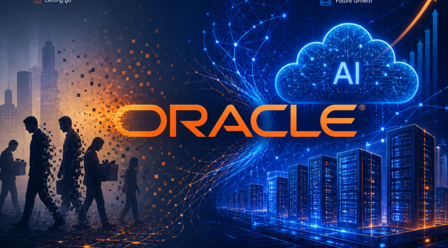 **SEO Alt-text:** Modern digital illustration depicting the Oracle logo transforming amidst a dramatic tech transition, sized 1200x628 pixels. The left side features fading silhouettes of employees symbolizing workforce reduction, while the right side highlights vibrant, futuristic AI neural networks and dynamic cloud servers representing bold investment in AI infrastructure. Abstract digital network graphics and shapes merge around the Oracle brand, infused with orange (#FF9811) for energy, dark blue (#000D43) and midnight blue (#021B88) for stability and technology. The sleek composition visually conveys Oracle's ambitious shift from layoffs to AI-powered cloud growth.