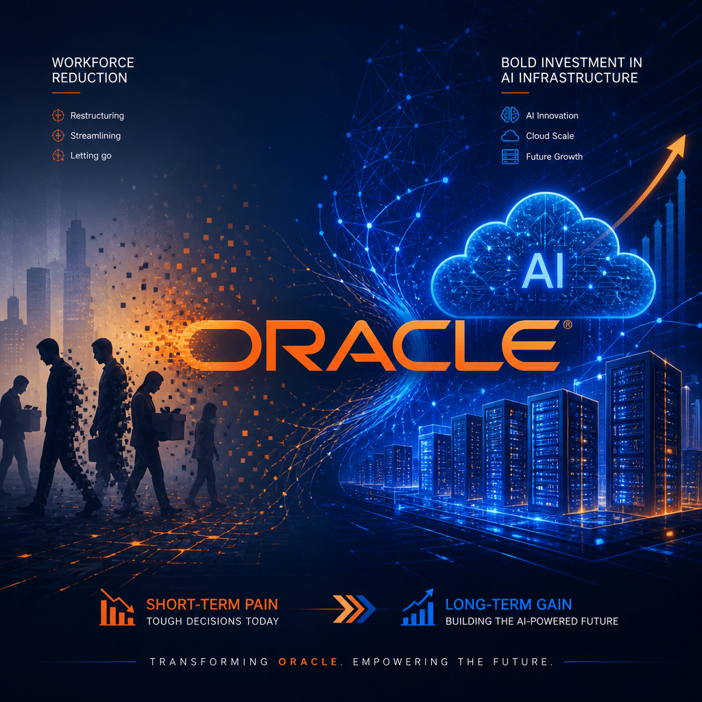 **SEO Alt-text:** Modern digital illustration depicting the Oracle logo transforming amidst a dramatic tech transition, sized 1200x628 pixels. The left side features fading silhouettes of employees symbolizing workforce reduction, while the right side highlights vibrant, futuristic AI neural networks and dynamic cloud servers representing bold investment in AI infrastructure. Abstract digital network graphics and shapes merge around the Oracle brand, infused with orange (#FF9811) for energy, dark blue (#000D43) and midnight blue (#021B88) for stability and technology. The sleek composition visually conveys Oracle's ambitious shift from layoffs to AI-powered cloud growth.