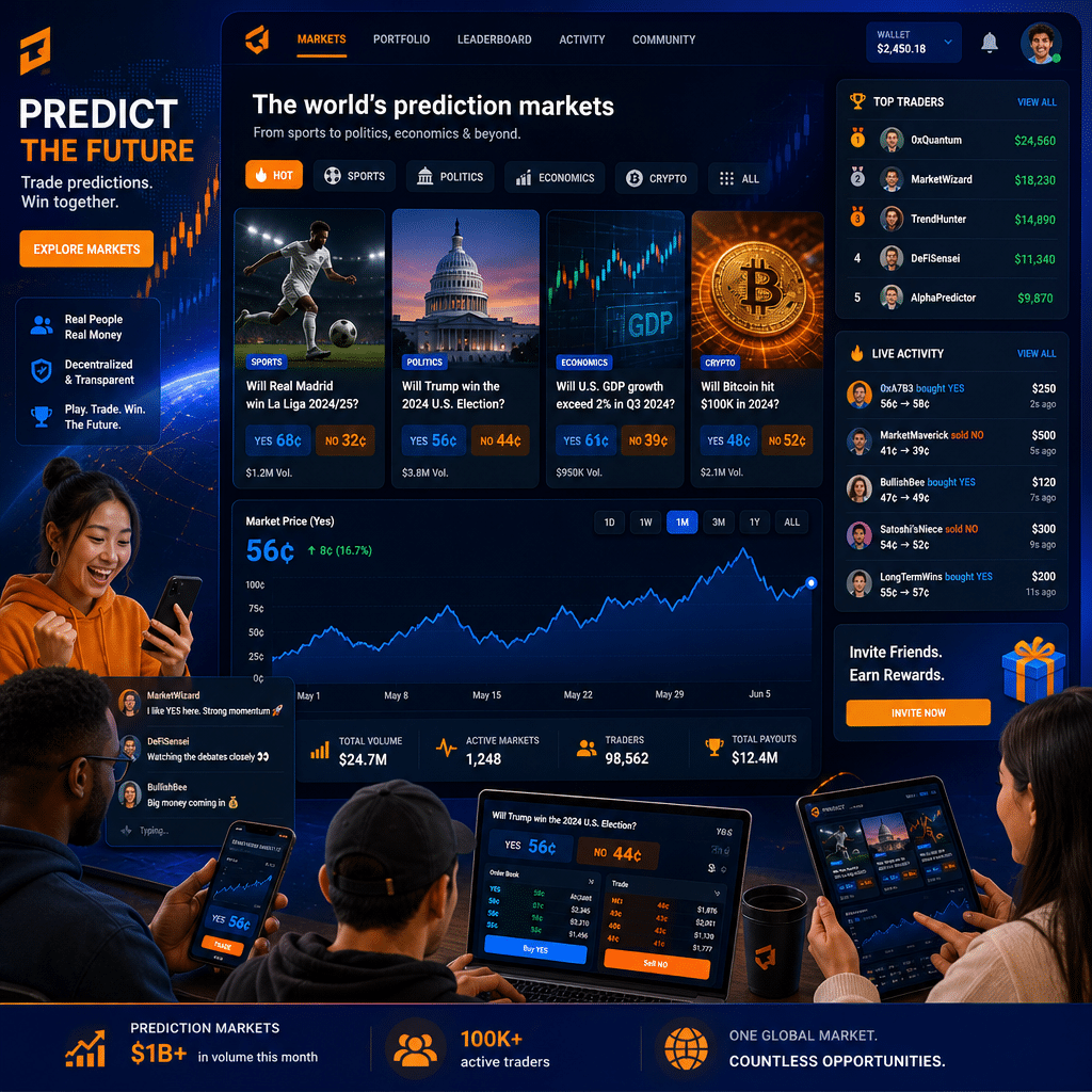 Sure! Here’s a highly-optimized SEO alt-text for the described image: **Alt-text:** Dynamic modern illustration of a digital prediction market interface, showcasing fluctuating financial charts, interactive leaderboards, and contract prices for sports, politics, and economics events; diverse users engaged on devices, all accented with vibrant orange (#FF9811), dark blue (#000D43), and midnight blue (#021B88), visually representing the innovative and exciting fusion of gaming, finance, and social interaction. Let me know if you’d like a shorter or more tailored version!