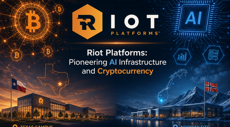 "Riot Platforms company logo set against a contemporary digital network intertwined with Bitcoin and AI icons in vibrant orange and dark blue colours. A modern blend of AI and Blockchain industry that subtly hints at Texas campus and Norway site. Sleek text 'Riot Platforms: Pioneering AI Infrastructure and Cryptocurrency' featuring a timeline spanning December 2027 to June 2028 in the backdrop. Beautifully balanced layout for maximum content readability, within the 1200 x 628 pixel size limit."