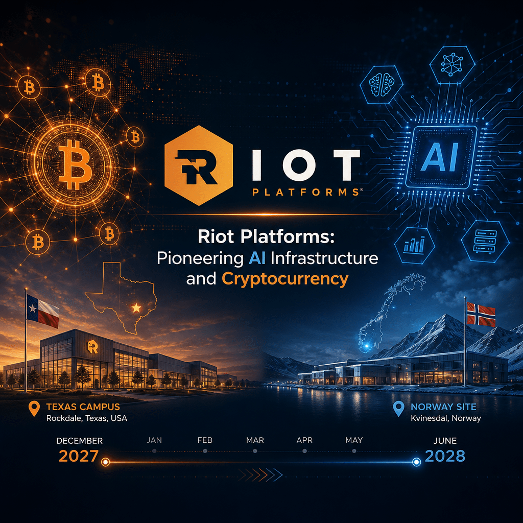 "Riot Platforms company logo set against a contemporary digital network intertwined with Bitcoin and AI icons in vibrant orange and dark blue colours. A modern blend of AI and Blockchain industry that subtly hints at Texas campus and Norway site. Sleek text 'Riot Platforms: Pioneering AI Infrastructure and Cryptocurrency' featuring a timeline spanning December 2027 to June 2028 in the backdrop. Beautifully balanced layout for maximum content readability, within the 1200 x 628 pixel size limit."