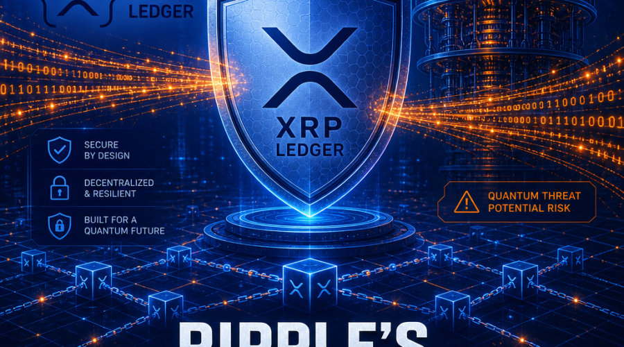 "Futuristic digital landscape featuring the XRP ledger logo shielded securely, encapsulating the concepts of blockchain, quantum computing and Ripple's Quantum Preparedness. Incorporating shades of Dark Blue, Orange transaction data flow and set on a Midnight Blue backdrop. Measures 1200x628 pixels."