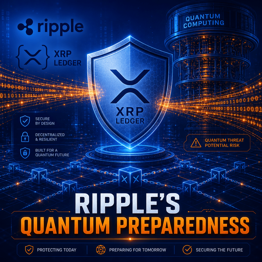 "Futuristic digital landscape featuring the XRP ledger logo shielded securely, encapsulating the concepts of blockchain, quantum computing and Ripple's Quantum Preparedness. Incorporating shades of Dark Blue, Orange transaction data flow and set on a Midnight Blue backdrop. Measures 1200x628 pixels."