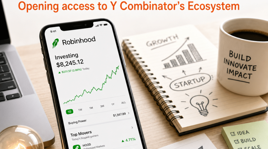"Mobile phone showcasing the Robinhood app on a business-themed table set-up with startup essentials. Image highlights the 'Robinhood Ventures Fund II: Support for Seed-Stage Startups' text in dark blue, the subheading 'Opening access to Y Combinator's Ecosystem' in orange, and the 'Listed on NYSE: RVII' detail in midnight blue."