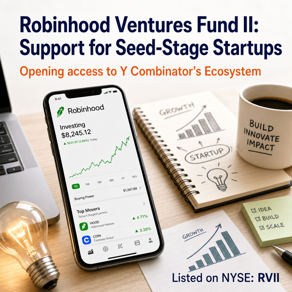 "Mobile phone showcasing the Robinhood app on a business-themed table set-up with startup essentials. Image highlights the 'Robinhood Ventures Fund II: Support for Seed-Stage Startups' text in dark blue, the subheading 'Opening access to Y Combinator's Ecosystem' in orange, and the 'Listed on NYSE: RVII' detail in midnight blue."
