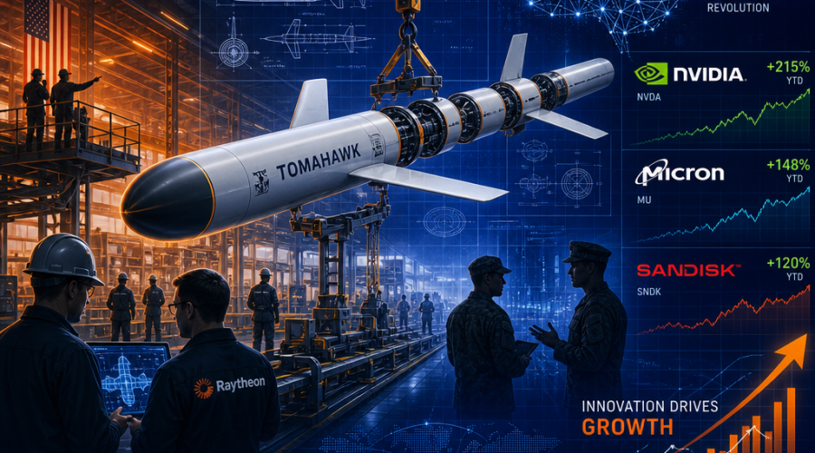 **SEO Alt-Text:** Illustration of a Tomahawk cruise missile being assembled in a high-tech manufacturing facility, featuring silhouettes of Raytheon and military personnel collaborating with digital overlays of AI schematics, memory chip icons for Nvidia, Micron, and Sandisk, plus rising stock charts; background shows an energetic gradient of orange, dark blue, and midnight blue, symbolizing defense technology innovation, artificial intelligence advancements, and growing market opportunities.