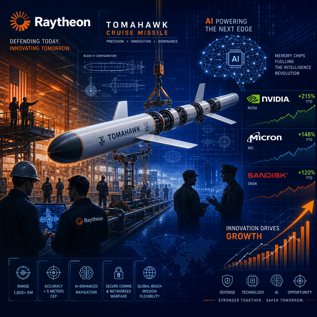 **SEO Alt-Text:** Illustration of a Tomahawk cruise missile being assembled in a high-tech manufacturing facility, featuring silhouettes of Raytheon and military personnel collaborating with digital overlays of AI schematics, memory chip icons for Nvidia, Micron, and Sandisk, plus rising stock charts; background shows an energetic gradient of orange, dark blue, and midnight blue, symbolizing defense technology innovation, artificial intelligence advancements, and growing market opportunities.