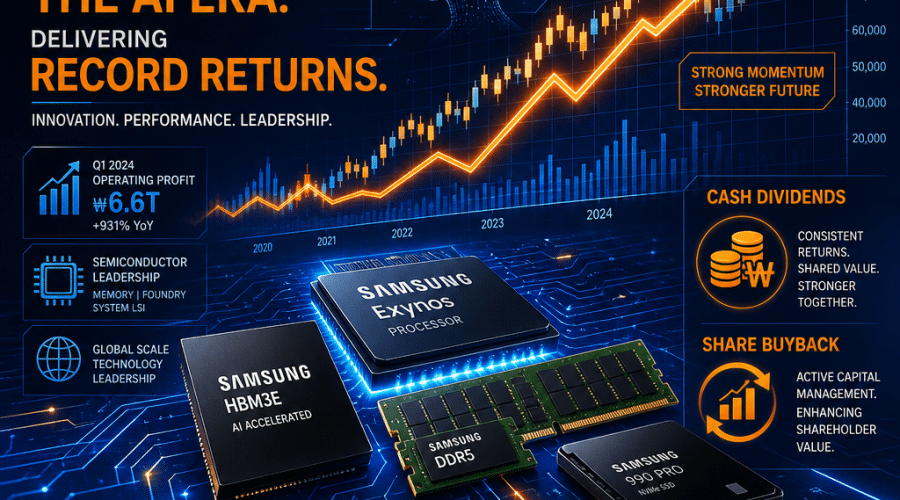 **SEO Alt-Text:** Dynamic futuristic financial technology scene featuring Samsung Electronics, with a glowing upward-trending stock chart overlaying stylized semiconductor chips and memory modules, symbolizing surging AI-driven demand; includes subtle icons for cash dividends and share buybacks, bold geometric lines, and brand colors (orange #FF9811, dark blue #000D43, midnight blue #021B88), highlighting record-breaking shareholder returns, innovation, and corporate leadership in the tech industry.