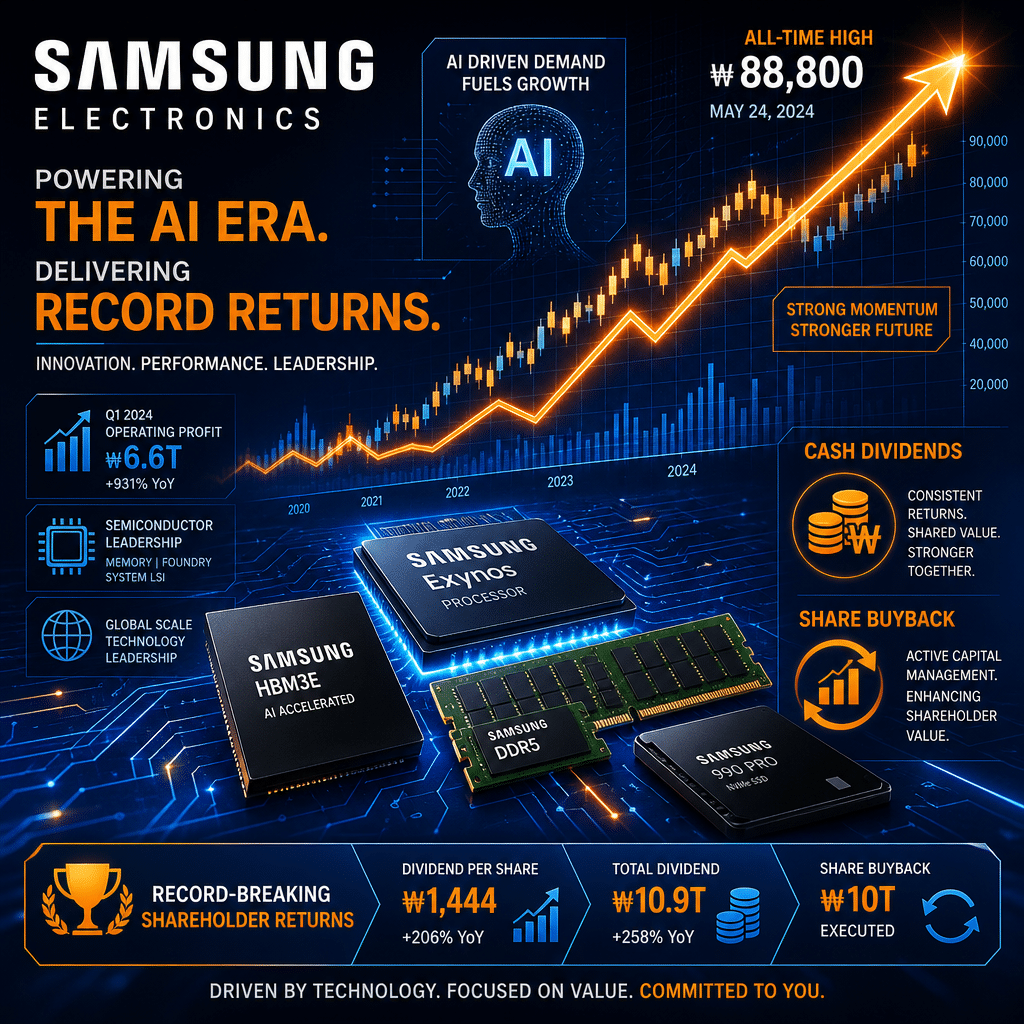 **SEO Alt-Text:** Dynamic futuristic financial technology scene featuring Samsung Electronics, with a glowing upward-trending stock chart overlaying stylized semiconductor chips and memory modules, symbolizing surging AI-driven demand; includes subtle icons for cash dividends and share buybacks, bold geometric lines, and brand colors (orange #FF9811, dark blue #000D43, midnight blue #021B88), highlighting record-breaking shareholder returns, innovation, and corporate leadership in the tech industry.