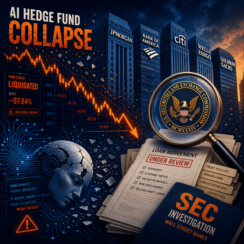 Here is an SEO-optimized alt-text for your described illustration: "Editorial-style digital illustration sized 1200x628 pixels depicting the collapse of an AI hedge fund and SEC investigation into Wall Street banks. The artwork features stylized skyscraper bank icons with generic, non-trademarked logos, overlaid by plummeting abstract stock charts and AI circuit board patterns. A magnifying glass with the SEC seal inspects loan documents, all set in a dramatic color scheme of gradient orange (#FF9811), dark blue (#000D43), and midnight blue (#021B88) for a modern, cohesive look." Let me know if you want a shorter version or any specific keyword emphasis!