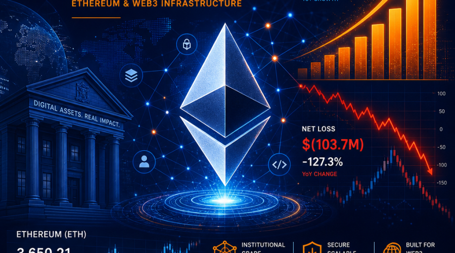 **Great SEO Alt-Text:** Modern digital illustration featuring bold Ethereum symbols and blockchain network nodes interwoven with dynamic financial charts—showcasing both rising revenue bars and sharp loss lines—set on a high-tech background using SharpLink Inc. brand colors (orange #FF9811, dark blue #000D43, midnight blue #021B88). SharpLink Inc. logo integrated alongside subtle institutional finance cues such as stock charts and bank buildings, visually representing explosive growth and financial volatility in Ethereum and Web3 infrastructure; ideal 1200 x 628px header image for a professional WordPress blockchain blog.