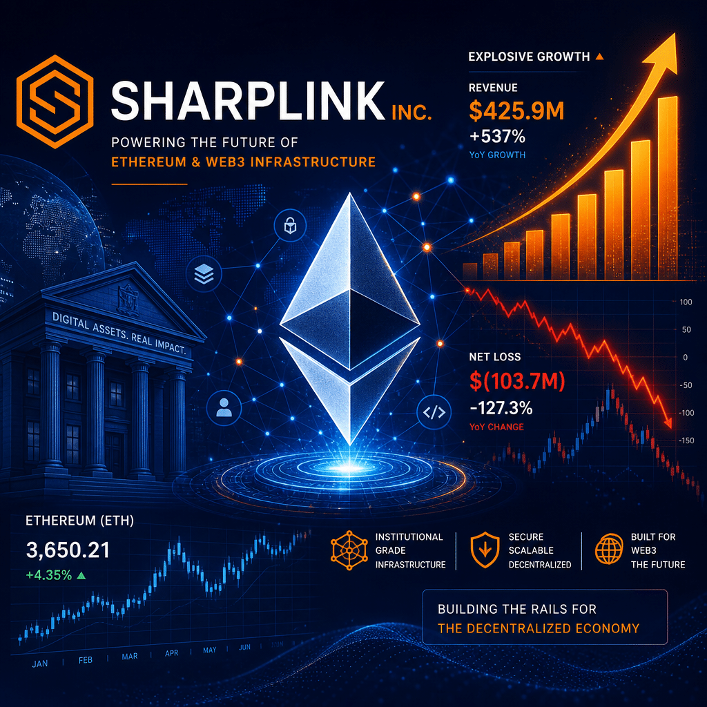 **Great SEO Alt-Text:** Modern digital illustration featuring bold Ethereum symbols and blockchain network nodes interwoven with dynamic financial charts—showcasing both rising revenue bars and sharp loss lines—set on a high-tech background using SharpLink Inc. brand colors (orange #FF9811, dark blue #000D43, midnight blue #021B88). SharpLink Inc. logo integrated alongside subtle institutional finance cues such as stock charts and bank buildings, visually representing explosive growth and financial volatility in Ethereum and Web3 infrastructure; ideal 1200 x 628px header image for a professional WordPress blockchain blog.