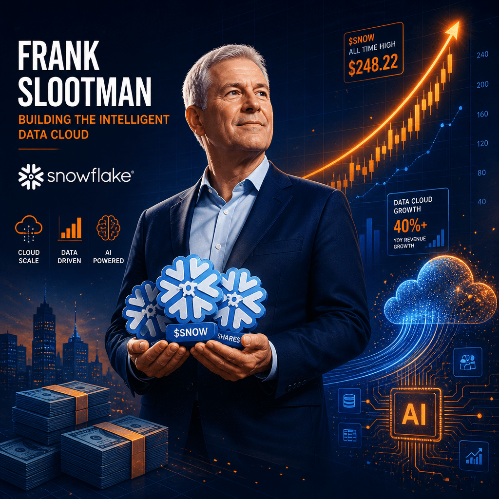 SEO-optimized alt-text: Modern illustration of Frank Slootman holding Snowflake logo stocks, with a rising stock price graph, cash stacks, floating digital data icons, and abstract cloud and AI chip graphics; bold clean lines in orange (#FF9811), dark blue (#000D43), and midnight blue (#021B88) evoke high-stakes tech investment and executive leadership for a blog header image.