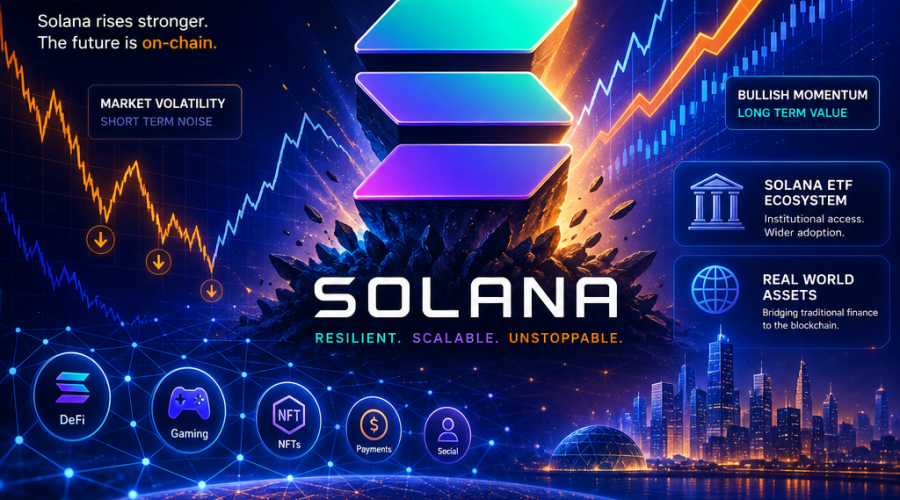 **SEO-optimized alt-text:** Hero image illustrating Solana’s resilience and growth in volatile crypto markets, featuring the Solana logo emerging powerfully from dynamic, fluctuating line charts with rising arrows for bullish momentum. Image includes digital and blockchain graphics such as interlinked network nodes, token symbols, subtle ETF and real-world asset elements, all set against bold liquid gradients in Solana brand colors: #FF9811 orange, #000D43 dark blue, and #021B88 midnight blue. Modern, professional tech design expresses optimism, stability, innovation, and institutional progress within the Solana ecosystem.