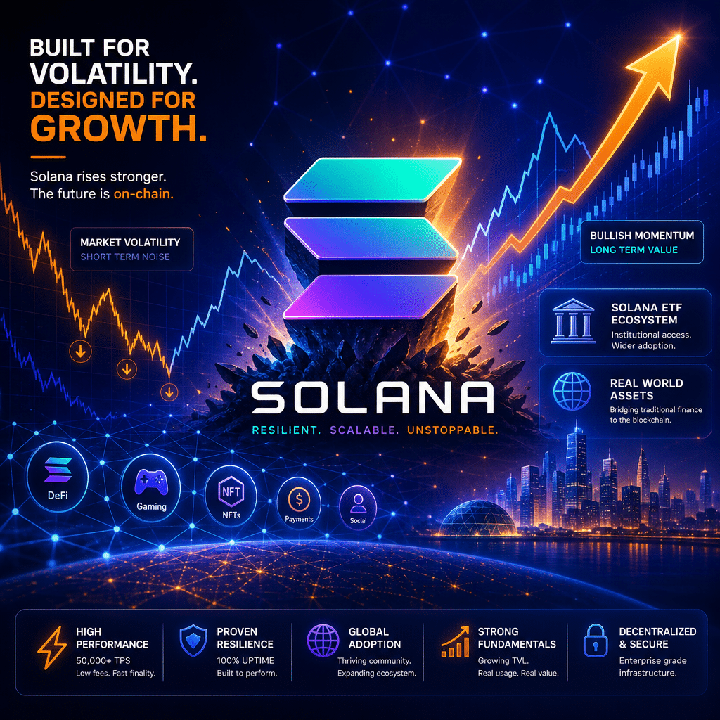 **SEO-optimized alt-text:** Hero image illustrating Solana’s resilience and growth in volatile crypto markets, featuring the Solana logo emerging powerfully from dynamic, fluctuating line charts with rising arrows for bullish momentum. Image includes digital and blockchain graphics such as interlinked network nodes, token symbols, subtle ETF and real-world asset elements, all set against bold liquid gradients in Solana brand colors: #FF9811 orange, #000D43 dark blue, and #021B88 midnight blue. Modern, professional tech design expresses optimism, stability, innovation, and institutional progress within the Solana ecosystem.