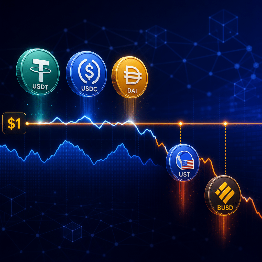 **SEO Alt-Text:** Modern blog header image illustrating stablecoins with digital coins labeled USDT, USDC, DAI, UST, and BUSD floating above a sleek line chart on a deep dark blue (#000D43) and midnight blue (#021B88) background, accented by bright orange (#FF9811). Some coins are shown breaking away from the "$1" line to represent stablecoin depegging, with a tech-focused design featuring gradients, glows, and a subtle transparent blockchain network motif to emphasize cryptocurrency stability and volatility.