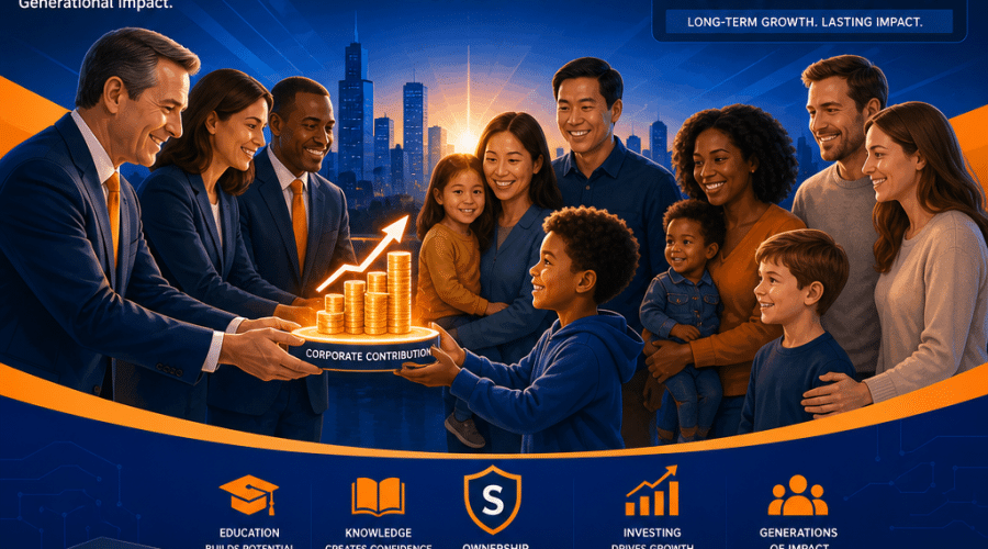 SEO Alt-text: Digital illustration of diverse American families and children receiving investment account symbols from corporate figures, representing corporate contributions to Trump Accounts, set against a background with Strategy brand colors (#FF9811 orange, #000D43 dark blue, #021B88 midnight blue); includes icons of books, graduation caps, and an S&P 500 chart, highlighting themes of generational growth, financial security, education, and financial literacy.