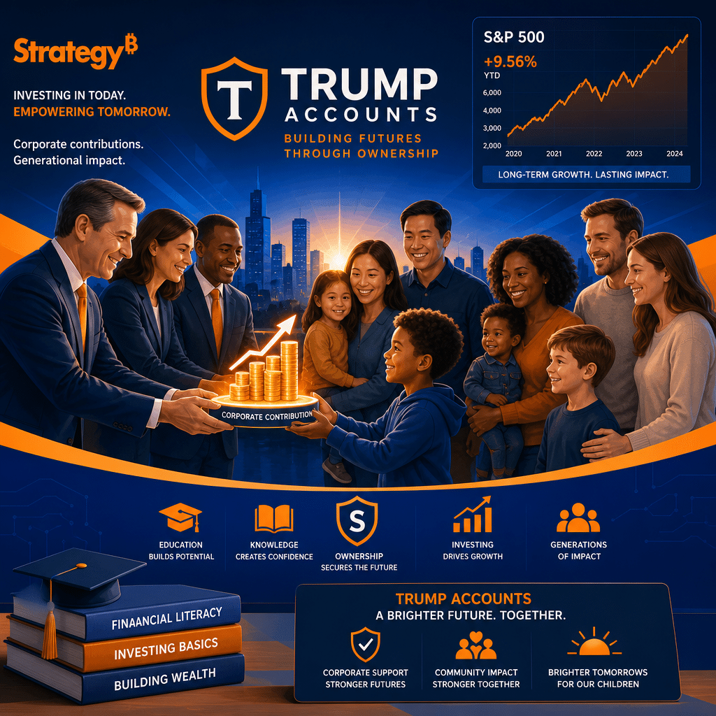 SEO Alt-text: Digital illustration of diverse American families and children receiving investment account symbols from corporate figures, representing corporate contributions to Trump Accounts, set against a background with Strategy brand colors (#FF9811 orange, #000D43 dark blue, #021B88 midnight blue); includes icons of books, graduation caps, and an S&P 500 chart, highlighting themes of generational growth, financial security, education, and financial literacy.