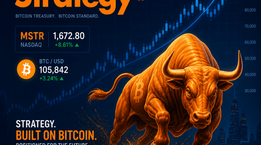 "Digital illustration of a rising trend graph for Bitcoin price in the background, accentuated in Midnight Blue on a dark blue background. Visible in the foreground, Strategy's logo accompanied by a strong orange bullish symbol signifying growth. The image subtly incorporates Bitcoin and Strategy's stock values. Image resolution is 1200 by 628 pixels."