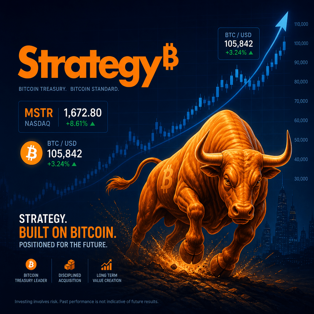 "Digital illustration of a rising trend graph for Bitcoin price in the background, accentuated in Midnight Blue on a dark blue background. Visible in the foreground, Strategy's logo accompanied by a strong orange bullish symbol signifying growth. The image subtly incorporates Bitcoin and Strategy's stock values. Image resolution is 1200 by 628 pixels."