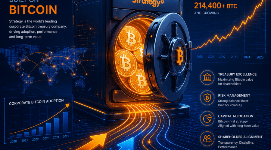 Certainly! Here’s a highly optimized SEO alt-text for the described image: **SEO Alt-Text:** Sleek professional 1200x628 image blending corporate finance and cryptocurrency, featuring a modern digital vault glowing with Bitcoin symbols in branded orange and deep blue colors, surrounded by financial graphs, digital circuitry, and dynamic arrows. Subtly includes the Strategy logo to highlight corporate leadership in Bitcoin adoption, and conveys innovation and active treasury management in the cryptocurrency market. Let me know if you want a variation focused on a different keyword or aspect!