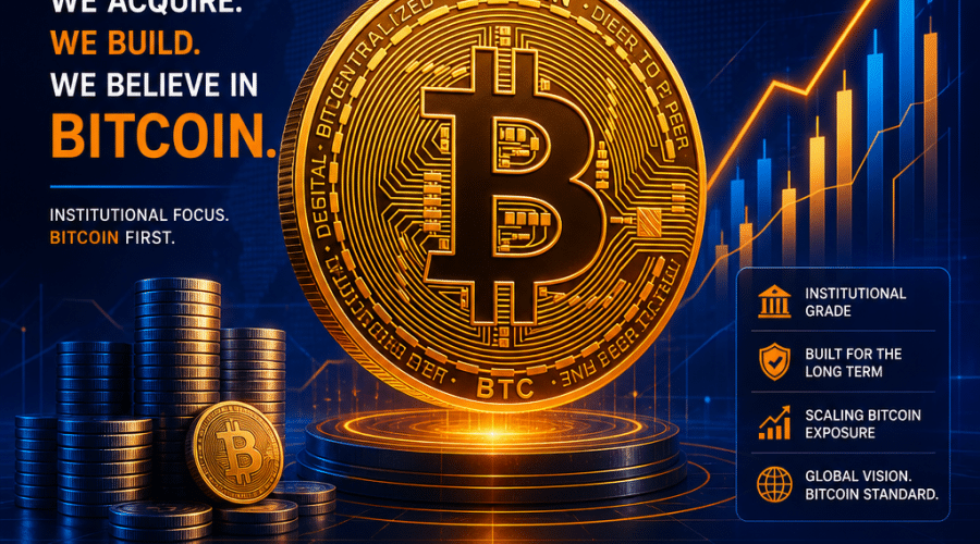 **SEO Alt-Text:** Sleek and modern digital artwork sized 1200 x 628 pixels featuring a large, stylized orange Bitcoin coin at the center, surrounded by abstract upward-trending graph lines and digital matrix elements on a dark blue and midnight blue gradient background. The image showcases Strive’s brand colors, with dynamic highlights in orange and geometric shapes. Visual cues of institutional finance include stacked coins, bold "BTC" lettering, and digital asset symbols, evoking growth, innovation, and corporate confidence in Bitcoin for a professional asset management brand.