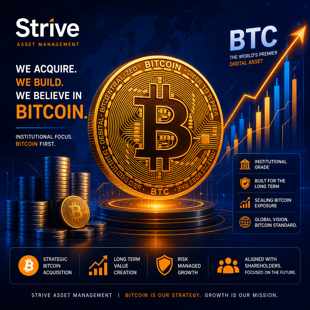 **SEO Alt-Text:** Sleek and modern digital artwork sized 1200 x 628 pixels featuring a large, stylized orange Bitcoin coin at the center, surrounded by abstract upward-trending graph lines and digital matrix elements on a dark blue and midnight blue gradient background. The image showcases Strive’s brand colors, with dynamic highlights in orange and geometric shapes. Visual cues of institutional finance include stacked coins, bold "BTC" lettering, and digital asset symbols, evoking growth, innovation, and corporate confidence in Bitcoin for a professional asset management brand.