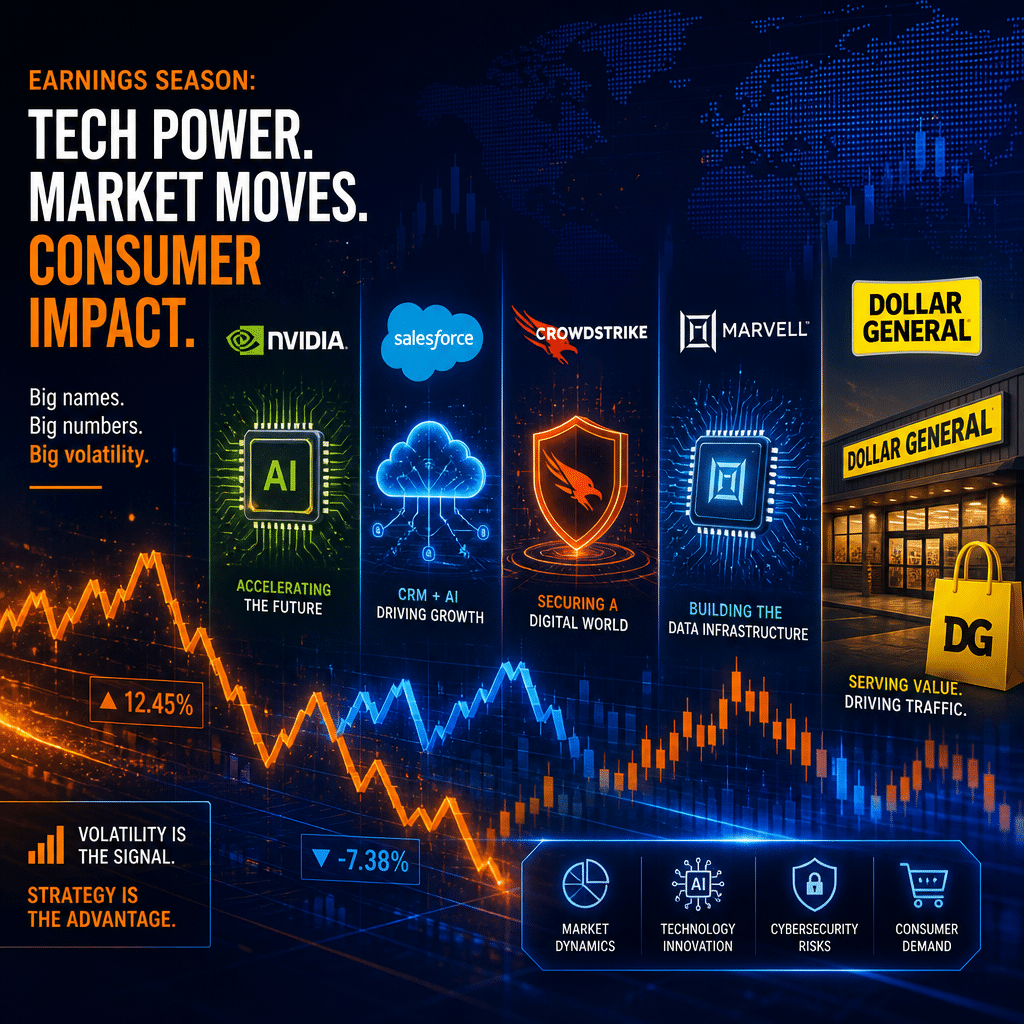 **SEO Optimized Alt-Text:** Modern financial blog image featuring stylized AI chips for Nvidia, cloud symbols for Salesforce, cybersecurity icons for CrowdStrike and Marvell Technology, and a shopping bag representing Dollar General; set against an abstract background with brand colors #FF9811, #000D43, and #021B88, overlaid with volatile graph lines to illustrate fluctuating stock market performance and the dynamic convergence of leading tech companies and retail during high-stakes earnings season.