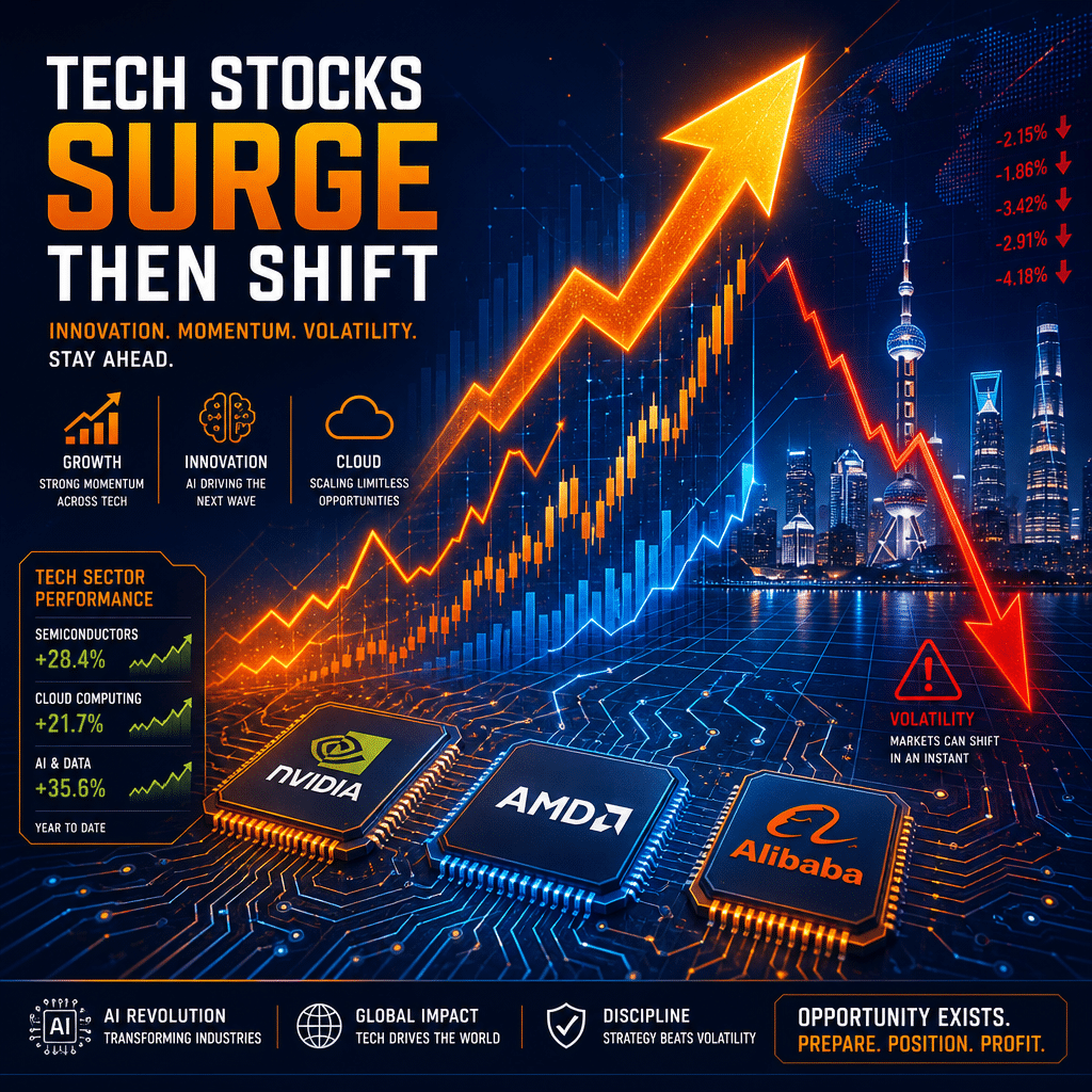 Sure! Here’s a great SEO-focused alt-text for your banner image: **Alt-text:** Modern tech stock market banner in brand colors (#FF9811 orange, #000D43 dark blue, #021B88 midnight blue), featuring upward-trending charts, bold arrows, AI chip graphics, cloud icons, circuit lines, and digital grid motifs; includes contrasting elements like glowing rising graphs and a plunging red line to symbolize volatility; background subtly references Nvidia, AMD, and Alibaba with stylized chips and an Asian skyline, conveying energetic, data-driven momentum and urgency. Let me know if you’d like a more concise or more keyword-focused variation!