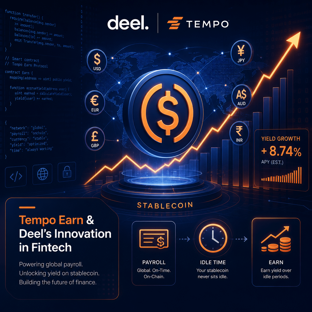 "An infographic highlighting Tempo Earn & Deel's innovation in Fintech, represented by a central, illustrious symbol of stablecoin surrounded by a rising growth graph, showcasing the important correlation between Fintech, stablecoin, and yield return. The dark blue background incorporates intricate elements of coding and global currency icons, symbolizing Deel and Tempo's wide reach. Additional payroll and time symbols depict earning potential in downtime. Finished with an overlay text in a discreet section, all presented in a vibrant color palette of Dark Blue, Midnight Blue and Orange highlights."