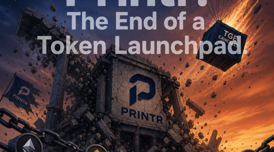 "Digital illustration representing the Printr logo in midnight blue within a symbolic collapsing structure, with multiple chains indicative of its multi-chain platform and a symbolic airdrop depicting cancelled token generation event. The background blends dark blue and orange under the overlay of transparent white text reading 'Printr: The End of a Token Launchpad', sized 1200x628 pixels."