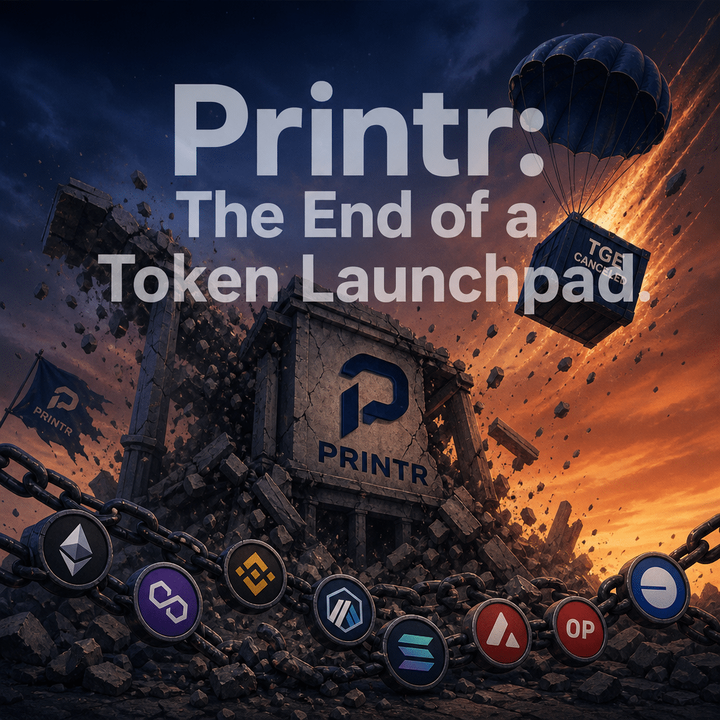 "Digital illustration representing the Printr logo in midnight blue within a symbolic collapsing structure, with multiple chains indicative of its multi-chain platform and a symbolic airdrop depicting cancelled token generation event. The background blends dark blue and orange under the overlay of transparent white text reading 'Printr: The End of a Token Launchpad', sized 1200x628 pixels."