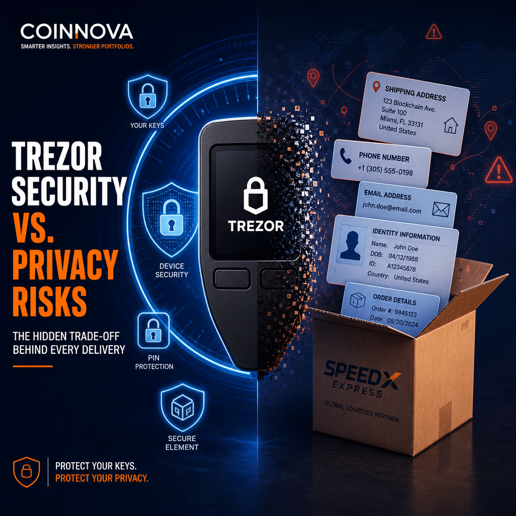**SEO-optimized alt-text:** "Blog header image showing a Trezor hardware wallet at the center, with one half surrounded by digital security icons like padlocks and shields, and the other half revealing exposed personal data—address, phone, identity cards—emerging from an opened shipping box labeled with a third-party logistics logo. The image uses a dramatic dark blue split background (#000D43 and #021B88) with bold #FF9811 orange accents, visually representing the trade-off between crypto wallet security and privacy risks for a fintech publication."