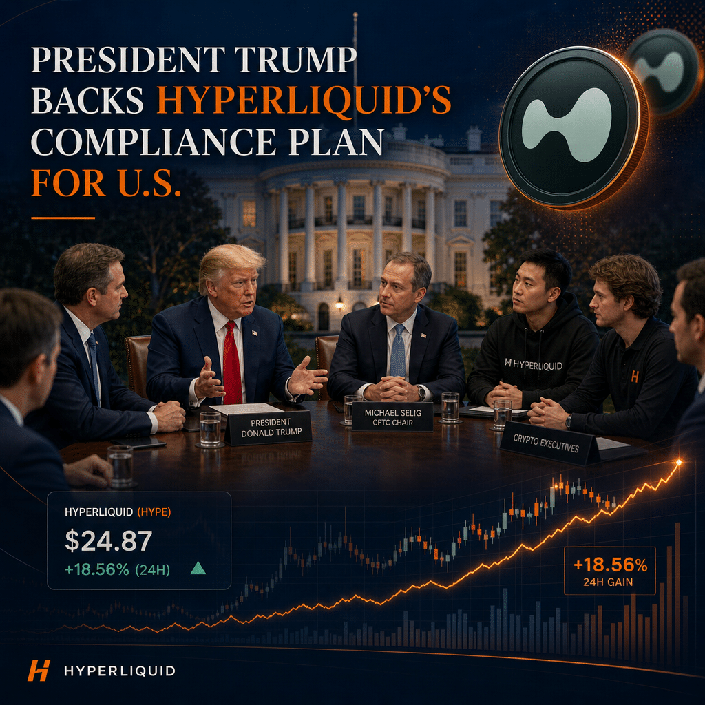 "President Donald Trump conversing with CFTC Chair Michael Selig and cryptocurrency executives about Hyperliquid's compliance plan at the White House, with intricate illustrations of Hyperliquid coins and an aesthetic blend of company brand colors. The graphic representation of positive price trend indicates Hyperliquid's growth. Hyperliquid's subtle brand logo is also visible."