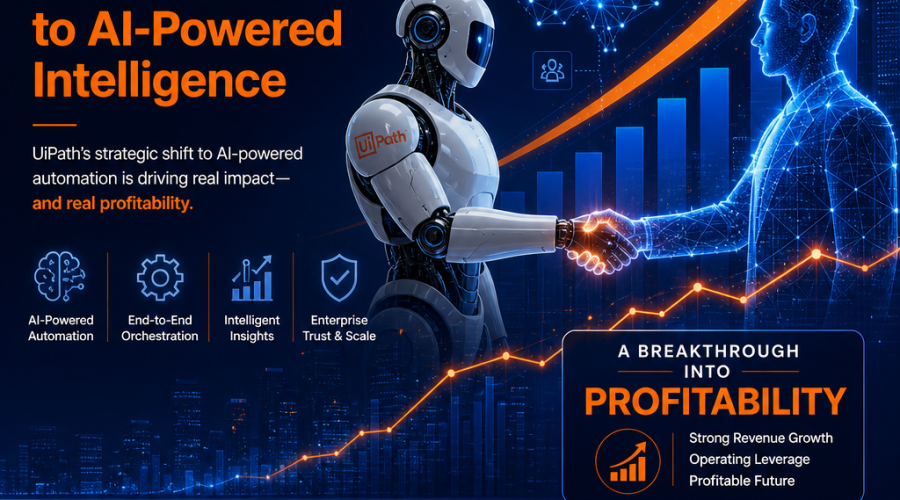 **SEO-optimized Alt Text:** Modern UiPath AI automation banner featuring stylized neural network graphics, a robot arm shaking hands with a digital human, and dynamic upward-trending data charts and financial arrows. Optimistic, tech-focused design uses brand colors orange, dark blue, and midnight blue, symbolizing UiPath's strategic shift to AI-powered automation and profitable growth in the automation industry.