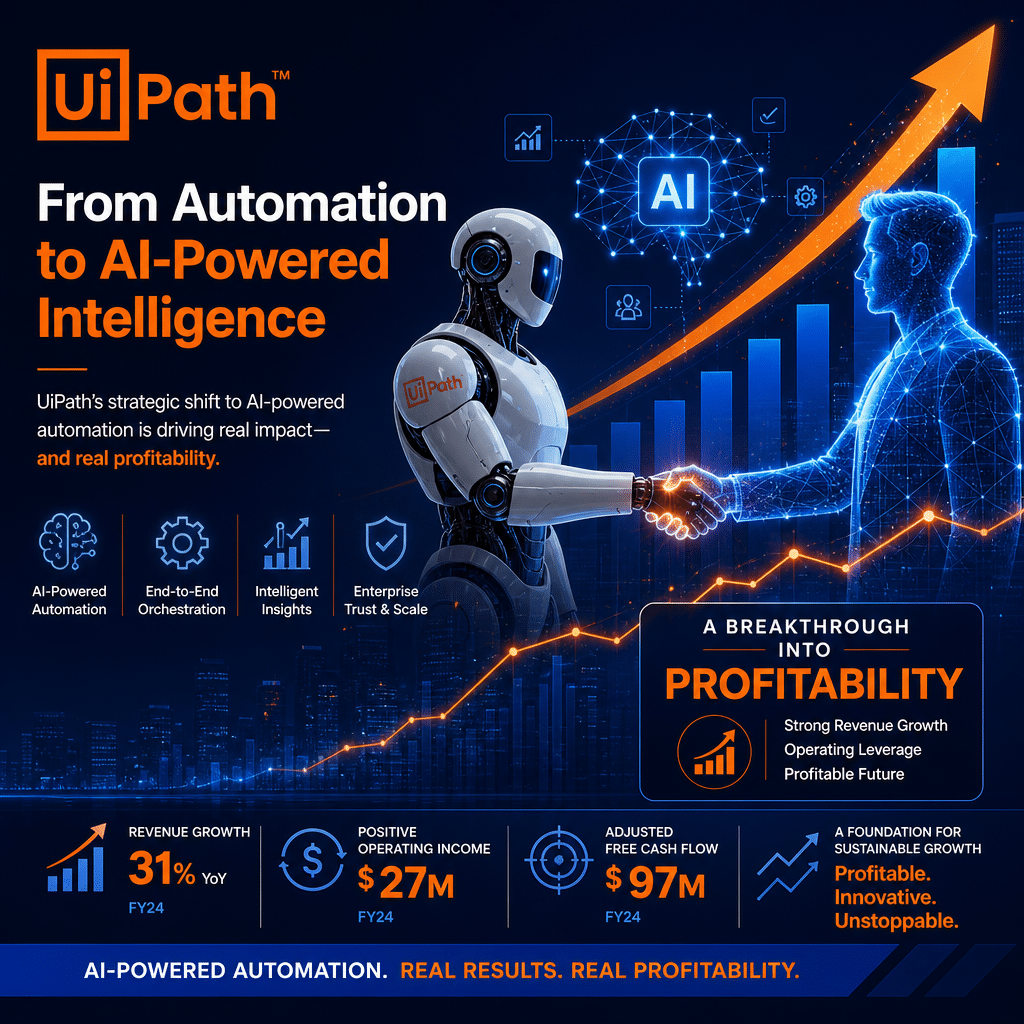**SEO-optimized Alt Text:** Modern UiPath AI automation banner featuring stylized neural network graphics, a robot arm shaking hands with a digital human, and dynamic upward-trending data charts and financial arrows. Optimistic, tech-focused design uses brand colors orange, dark blue, and midnight blue, symbolizing UiPath's strategic shift to AI-powered automation and profitable growth in the automation industry.