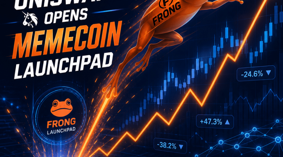 "Stylized orange FRONG frog leaping from a digital launchpad set against the dark and midnight blue backdrop of the Robinhood Chain's network, portraying volatility through zig-zag trajectory and fluctuating bar graphs. Signifying entrance into memecoin launchpad with 'Uniswap opens memecoin launchpad' text overlay in modern typography, alongside pools.trade logo."