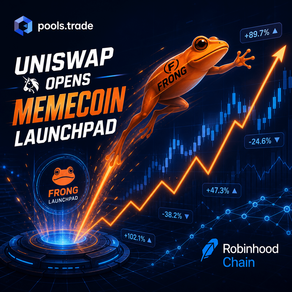 "Stylized orange FRONG frog leaping from a digital launchpad set against the dark and midnight blue backdrop of the Robinhood Chain's network, portraying volatility through zig-zag trajectory and fluctuating bar graphs. Signifying entrance into memecoin launchpad with 'Uniswap opens memecoin launchpad' text overlay in modern typography, alongside pools.trade logo."