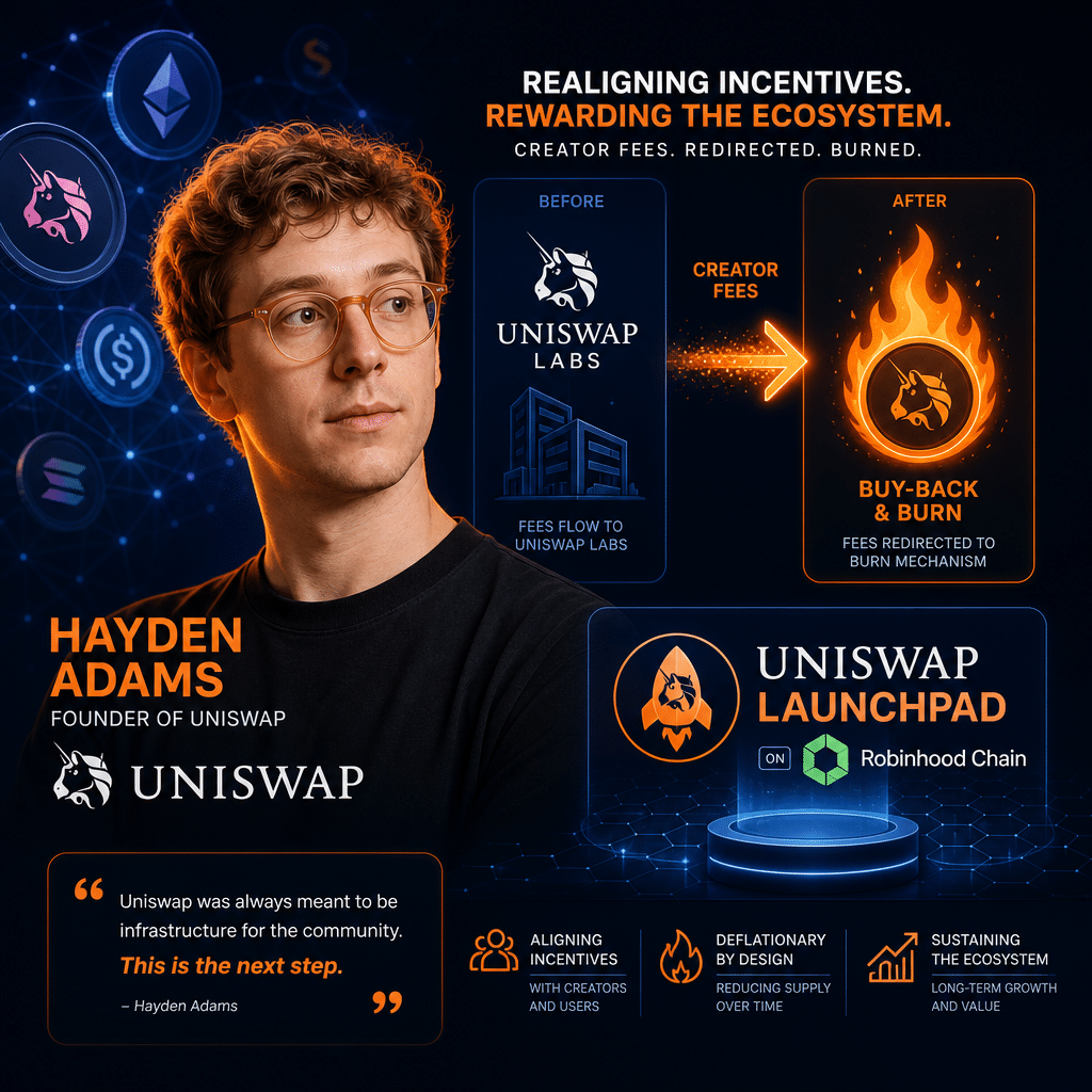 "SEO Alt-Text: Uniswap founder Hayden Adams presented in Dark Blue and Midnight Blue hues, visual switch demonstrating creator fees being diverted from Uniswap Labs towards a burning symbol highlighting buy-back and burn mechanism, Orange accents emphasizing key elements, featuring Uniswap launchpad symbol on a Robinhood chain, with digital tokens background, 1200x628 pixels."