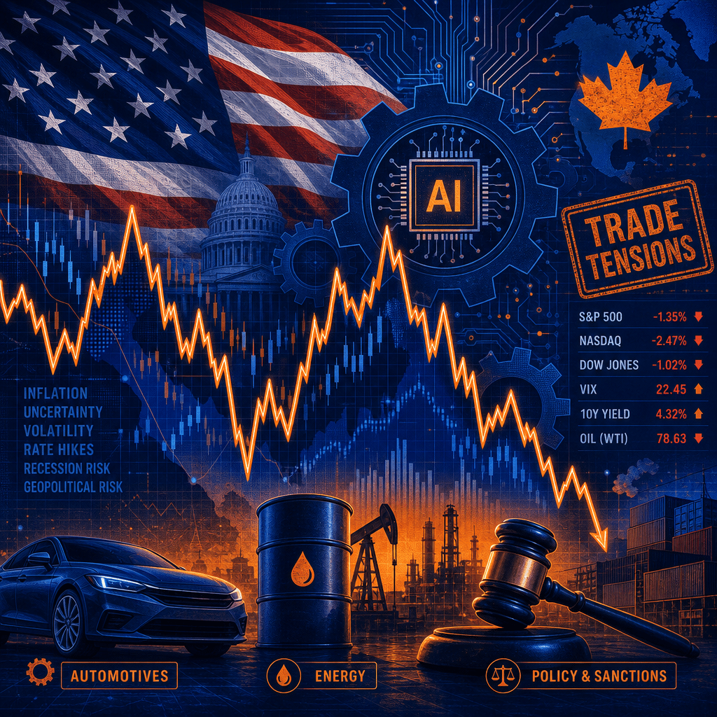 **SEO Alt-Text:** Editorial-style illustration sized 1200x628 pixels depicting U.S. financial market volatility and uncertainty. The image features a jagged stock market chart in the foreground, with the American flag subtly intertwined with gears and circuit board elements to symbolize the U.S. economy and tech sector. Visual cues include a maple leaf for Canada and a semiconductor chip to highlight trade tensions and the focus on AI and the chip industry. The background shows silhouettes of a car, oil barrel, and gavel, representing automotive, energy, and policy sectors. A bold, professional color palette blends orange (#FF9811), dark blue (#000D43), and midnight blue (#021B88), creating a dynamic, cohesive composition ideal for a financial news blog.
