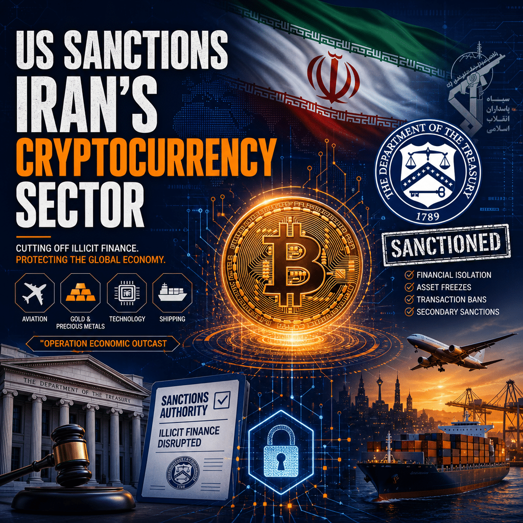"Illustration of the concept of cryptocurrency and US sanctions against Iran, featuring Iran's flag, digital elements, US Treasury, and symbols representing technology, gold, aviation, and shipping sectors affected by Operation Economic Outcast. Subtle representation of the Iranian Revolutionary Guard Corps (IRGC) included. The color scheme favors orange #FF9811, dark blue #000D43, and midnight blue #021B88, with strategic use of white to emphasize legal and sanction aspects. The bold text overlay 'US Sanctions Iran's Cryptocurrency Sector' adds to the sense of urgency and economic pressure, while maintaining brand consistency."